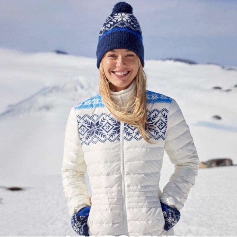 NWT Lands' End Ivory Nordic Fairisle Wanderweight Packable Down Jacket | XS
